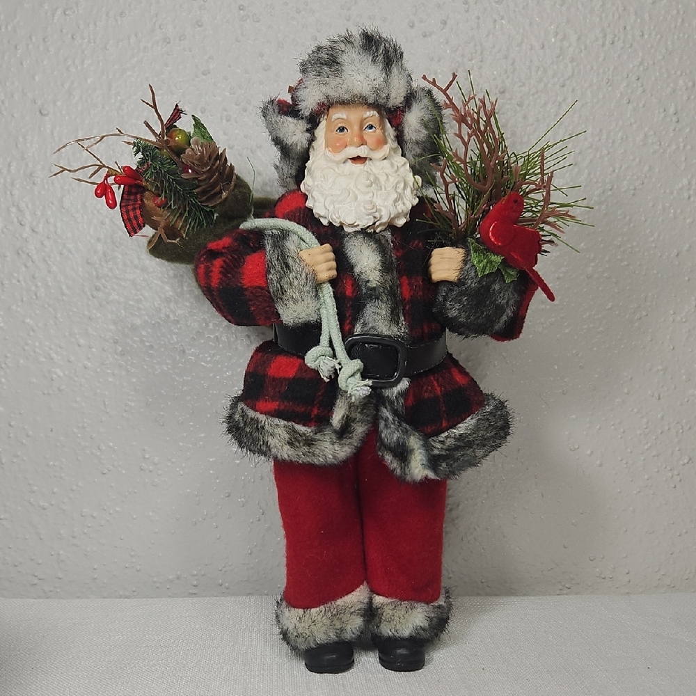 Festive Rustic Santa Claus Figurine in Red and Black Plaid with Faux Fur lining